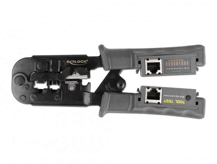 Delock Crimpzange mit Abisolierer und Netzwerktester für 8P (RJ45), 6P (RJ12/11) oder 4P (RJ10) Stecker