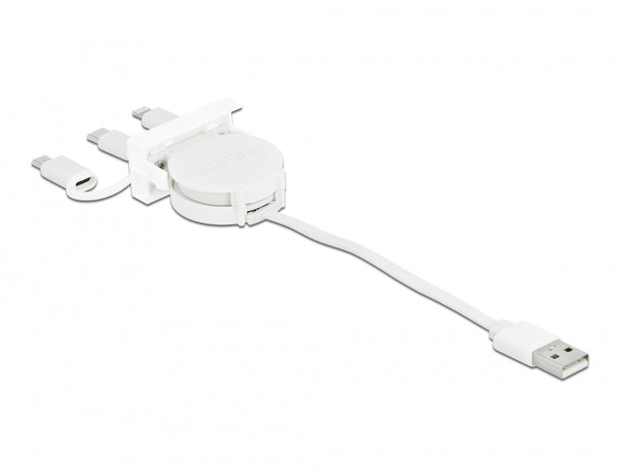 Delock Easy 45 Modul USB 2.0 3 in 1 Aufrollkabel USB Typ-A zu USB-C™, Micro USB und Lightning weiß