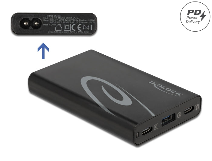 Delock USB Ladegerät 2 x USB Type-C™ PD 3.0 + 1 x USB Typ-A mit 60 W
