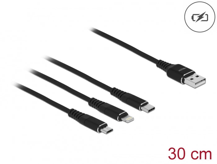Delock USB Ladekabel 3 in 1 Typ-A zu Lightning™ / Micro USB / USB Type-C™ 30 cm schwarz