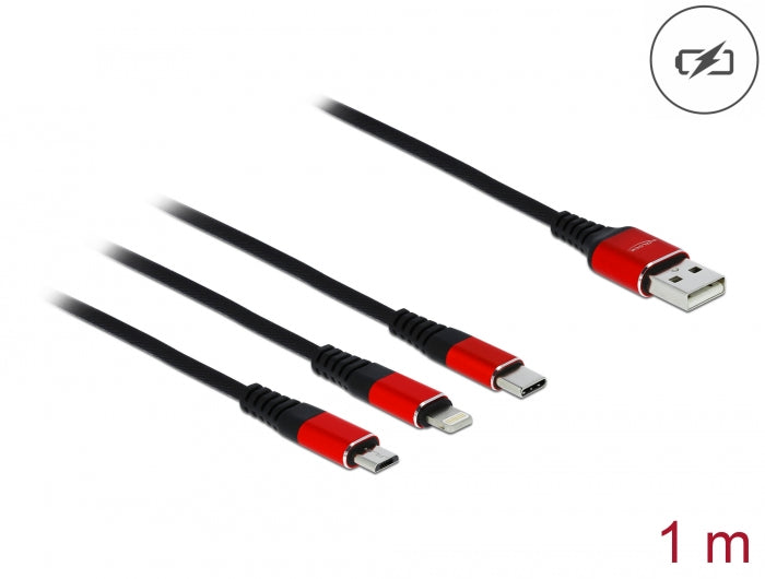 Delock USB Ladekabel 3 in 1 Typ-A zu Lightning™ / Micro USB / USB Type-C™ 1 m schwarz / rot