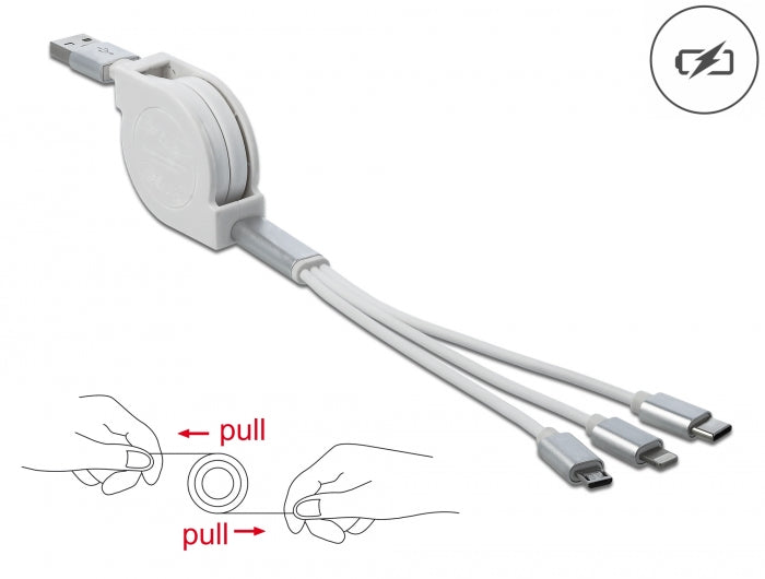 Delock USB Typ-A 3 in 1 Aufrollladekabel für Lightning™ / Micro USB / USB Type-C™ weiß