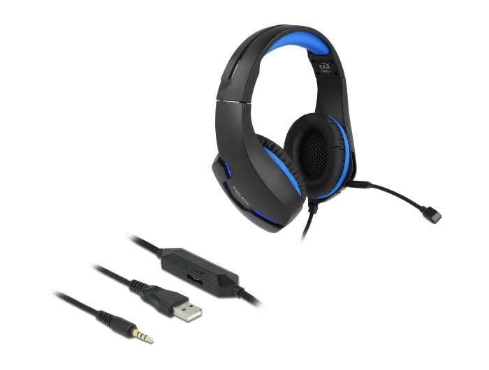 Delock Gaming Headset Over-Ear mit 3,5 mm Klinkenstecker und blauem LED Licht für PC, Notebook und Spielekonsolen