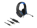 Delock Gaming Headset Over-Ear mit 3,5 mm Klinkenstecker und blauem LED Licht für PC, Notebook und Spielekonsolen