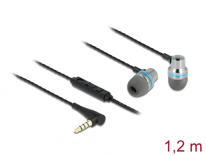 Delock In-Ear Kopfhörer mit 4 Pin 3,5 mm Klinkenstecker, Mikrofon und Lautstärkeregler + Quick-Mute Funktion für Smartphones und Tablets
