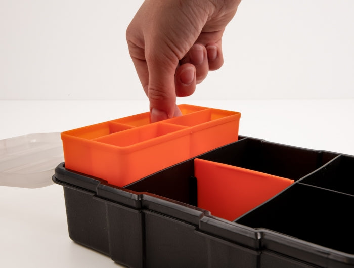 Delock Sortimentsbox mit 11 Fächern 220 x 155 x 60 mm orange / schwarz