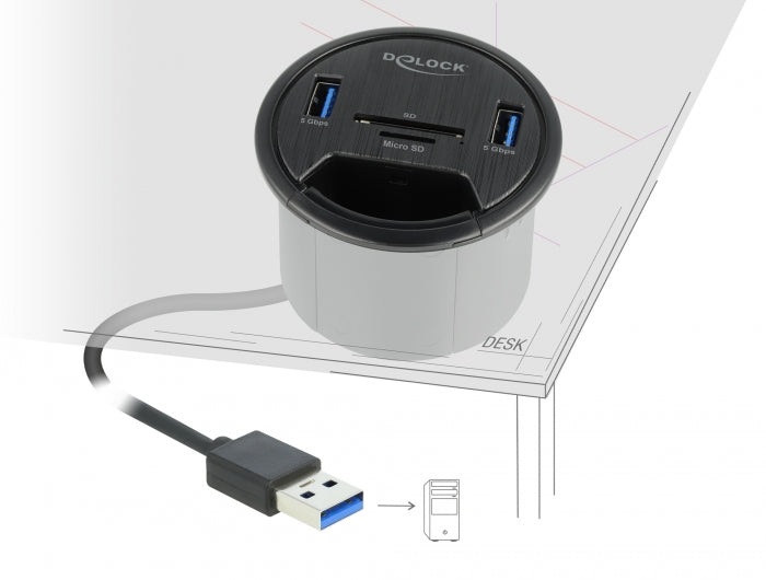 Delock 2 Port Tisch-Hub 2 x SuperSpeed USB Typ-A und Card Reader für SD und Micro SD