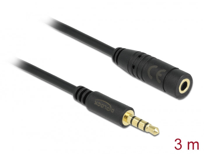 Delock Klinkenverlängerungskabel 3,5 mm 4 Pin Stecker zu Buchse 3 m schwarz