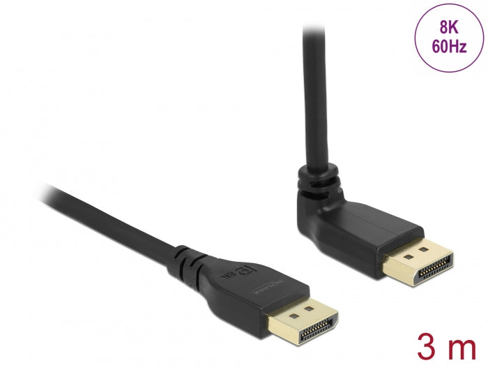 Delock DisplayPort Kabel Stecker gerade zu Stecker 90° oben gewinkelt 8K 60 Hz 3 m ohne Einrastfunktion