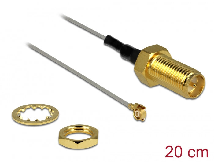 Delock Antennenkabel RP-SMA Buchse zum Einbau zu I-PEX Inc., MHF® III Stecker 0.81 20 cm Gewindelänge 10 mm
