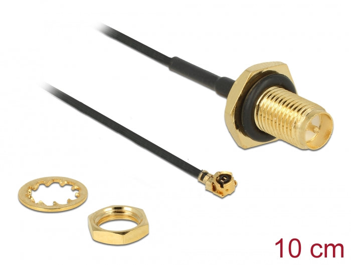 Delock Antennenkabel RP-SMA Buchse zum Einbau zu I-PEX Inc., MHF® I Stecker 1.13 10 cm Gewindelänge 9 mm spritzwassergeschützt