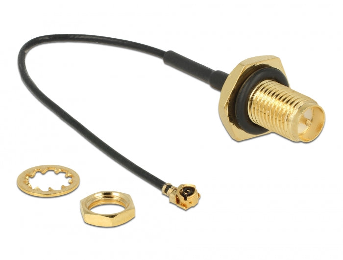 Delock Antennenkabel RP-SMA Buchse zum Einbau zu I-PEX Inc., MHF® I Stecker 1.13 10 cm Gewindelänge 9 mm spritzwassergeschützt