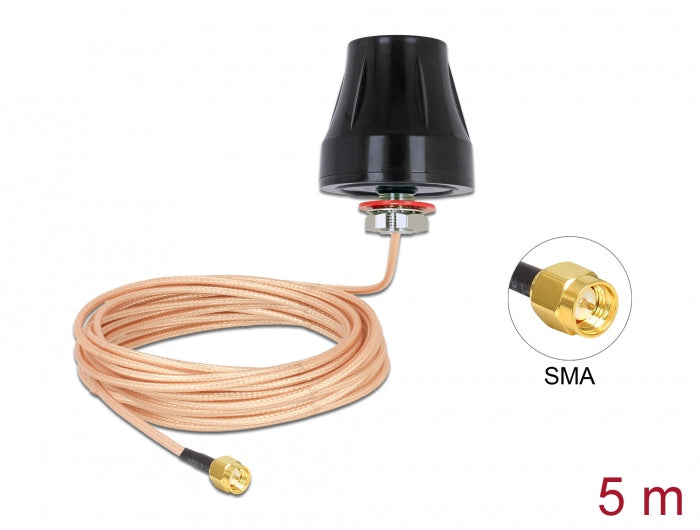 Delock LTE Antenne SMA Stecker 2 dBi starr omnidirektional mit Anschlusskabel (RG-316U 5 m) outdoor schwarz