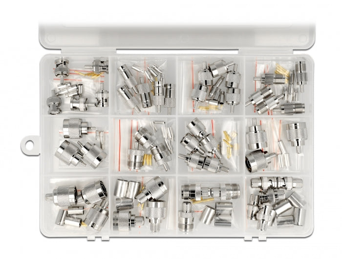 Delock Crimpbox 48-teilig 50 Ohm mit BNC, TNC und N Konnektoren