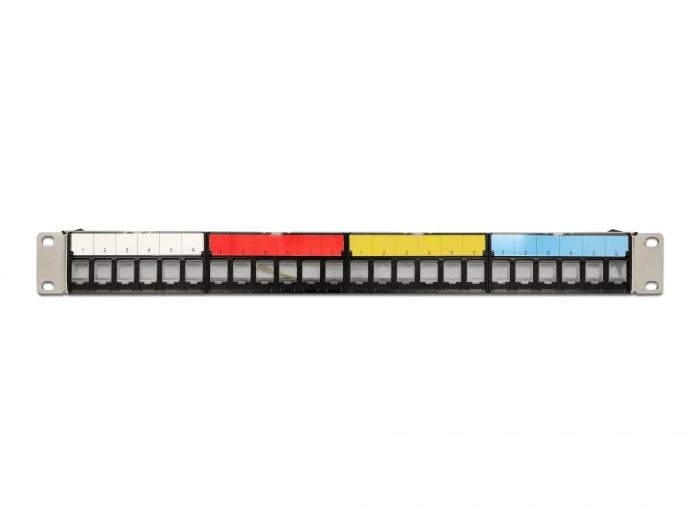 Delock 19″ Keystone Patchpanel 24 Port mit Kabelbefestigungsschiene, Beschriftungsfeld und Staubschutz 1 HE schwarz