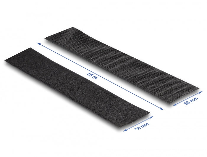 Delock Strapazierfähiges Klettband selbstklebend mit Haft- und Flauschband L 15 m x B 50 mm schwarz