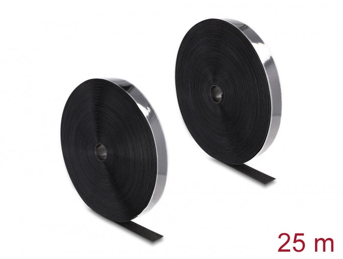 Delock Strapazierfähiges Klettband selbstklebend mit Haft- und Flauschband L 25 m x B 25 mm schwarz
