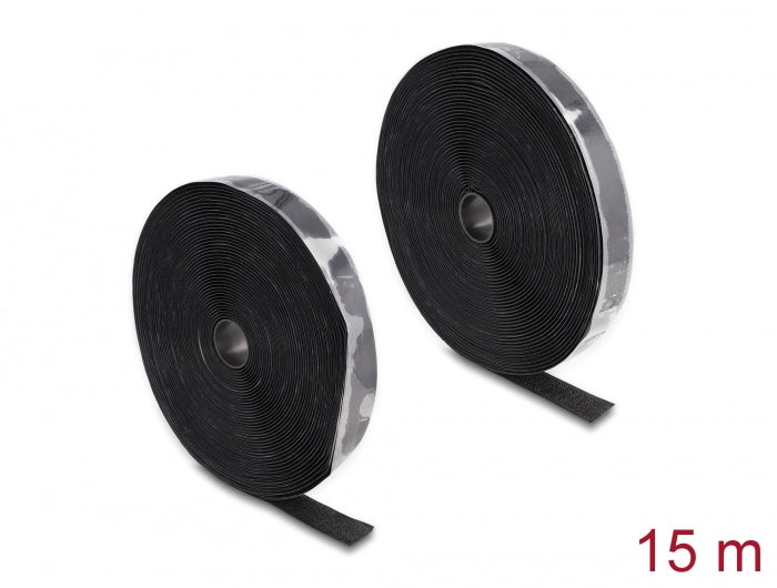 Delock Strapazierfähiges Klettband selbstklebend mit Haft- und Flauschband L 15 m x B 25 mm schwarz