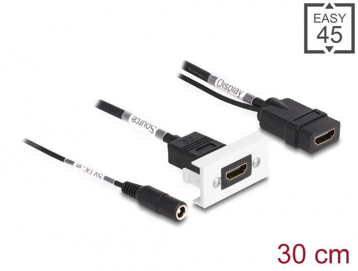Delock Easy 45 HDMI 4K 60 Hz Modul mit DC Einspeisung 2,1 x 5,5 mm und Kabelpeitsche, 22,5 x 45 mm