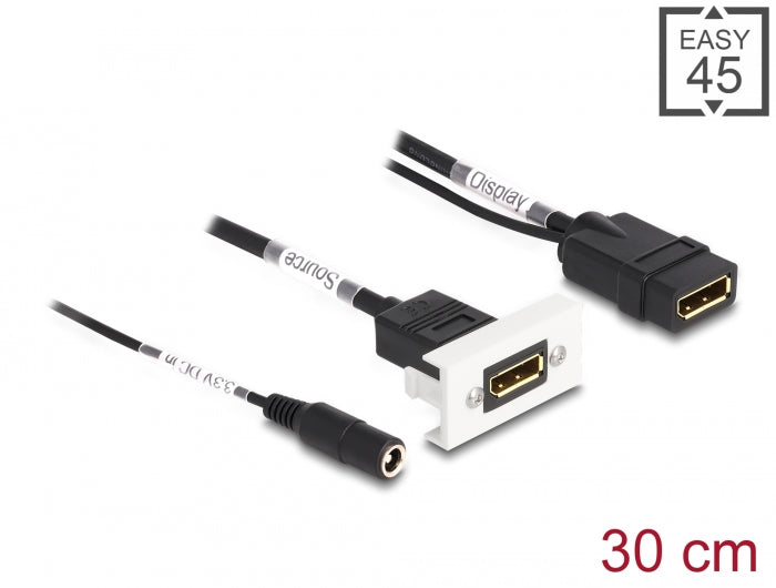 Delock Easy 45 DisplayPort 4K 60 Hz Modul mit DC Einspeisung 2,1 x 5,5 mm und Kabelpeitsche, 22,5 x 45 mm