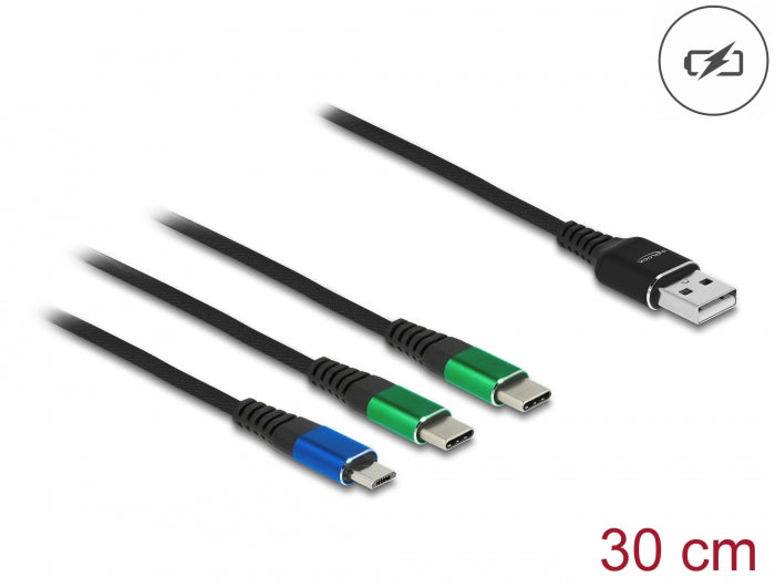 Delock USB Ladekabel 3 in 1 Typ-A zu Micro USB / 2 x USB Type-C™ 30 cm