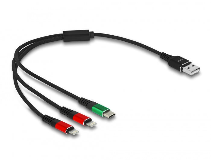 Delock USB Ladekabel 3 in 1 Typ-A zu 2 x Lightning™ / USB Type-C™ 30 cm