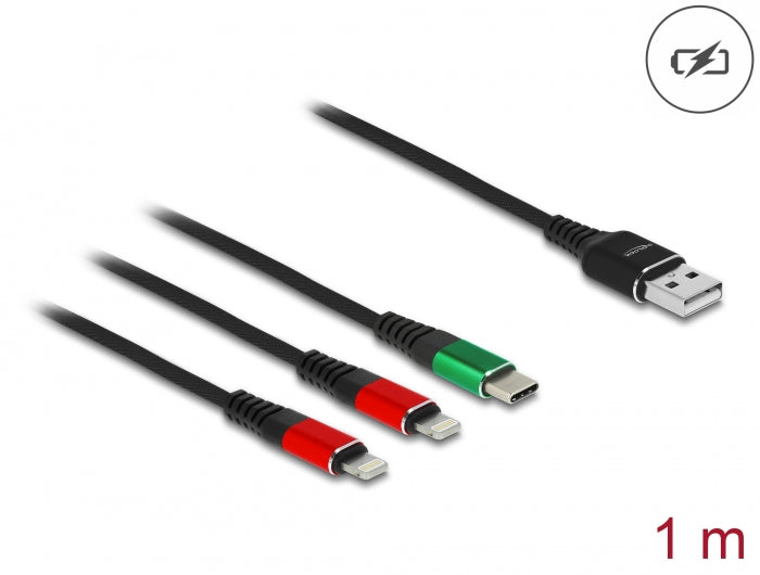 Delock USB Ladekabel 3 in 1 Typ-A zu 2 x Lightning™ / USB Type-C™ 1 m