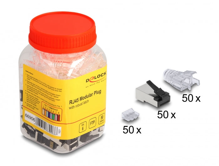Delock RJ45 Modularer Stecker mit robuster Rastnase Cat.6 und Knickschutztülle 50er Set