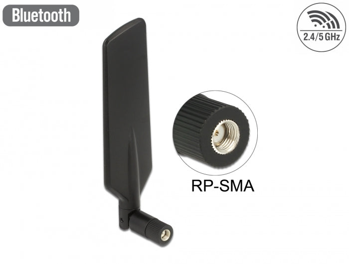 Delock LTE Antenne Dualband WLAN ac/a/b/g/n RP-SMA Stecker 1 - 4 dBi omnidirektional drehbar mit Kippgelenk schwarz
