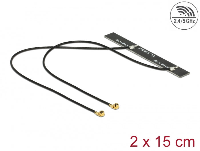 Delock Dualband WLAN WiFi 6 Doppelantenne 2 x I-PEX Inc., MHF® I Stecker 5 dBi 2 x 15 cm PCB intern Klebemontage