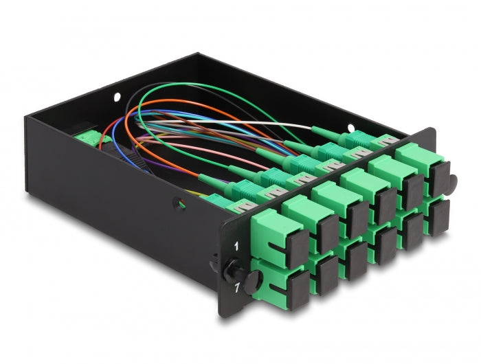 Delock LWL HD (High Density) Kassette MPO Stecker zu 12 x SC Simplex Buchse, 12 Fasern, Singlemode, Polarität A, 9/125 µm
