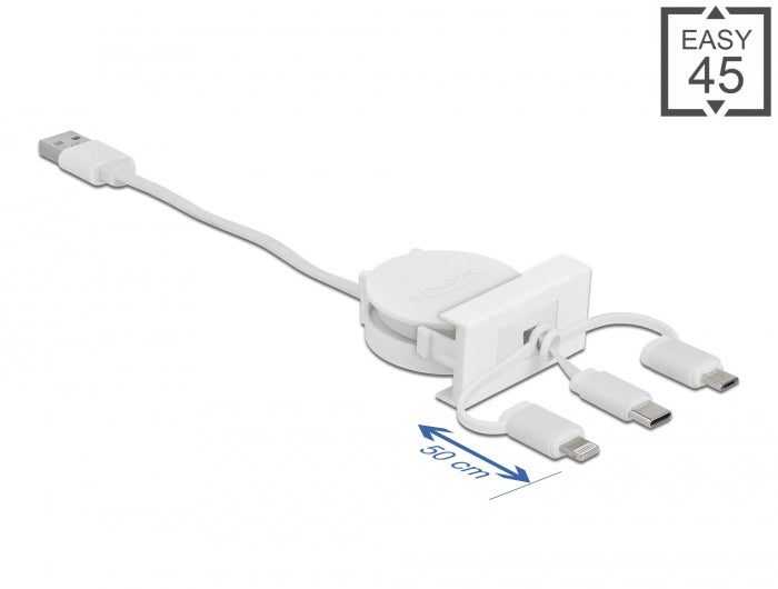 Delock Easy 45 Modul USB 2.0 3 in 1 Aufrollkabel USB Typ-A zu USB-C™, Micro USB und Lightning weiß