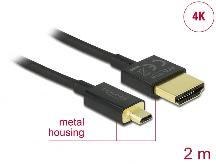 Delock Kabel High Speed HDMI mit Ethernet - HDMI-A Stecker > HDMI Micro-D Stecker 3D 4K 2 m Slim High Quality