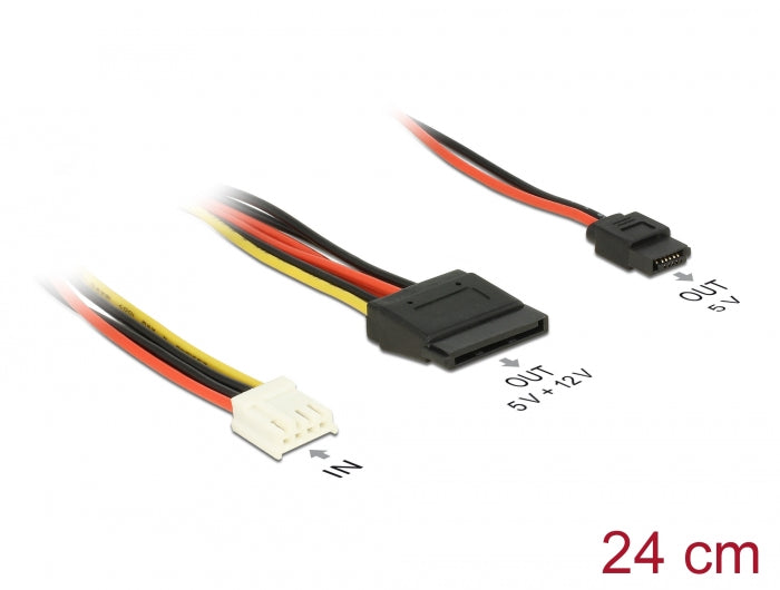 Delock Kabel Power Floppy 4 Pin Strom Buchse > SATA 15 Pin Buchse (5 V + 12 V) + Slim SATA 6 Pin Buchse (5 V) 24 cm