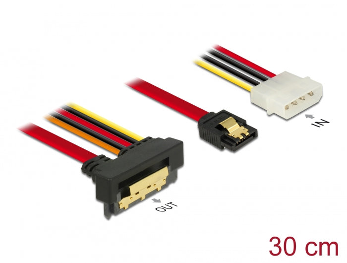 Delock Kabel SATA 6 Gb/s 7 Pin Buchse + Molex 4 Pin Strom Stecker > SATA 22 Pin Buchse unten gewinkelt Metall 30 cm