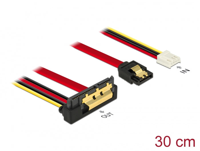 Delock Kabel SATA 6 Gb/s 7 Pin Buchse + Floppy 4 Pin Strom Buchse > SATA 22 Pin Buchse unten gewinkelt Metall 30 cm