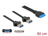 Delock Kabel USB 3.0 Pfostenbuchse 2,00 mm 19 Pin > 2 x USB 3.0 Typ-A Buchse zum Einbau 80 cm