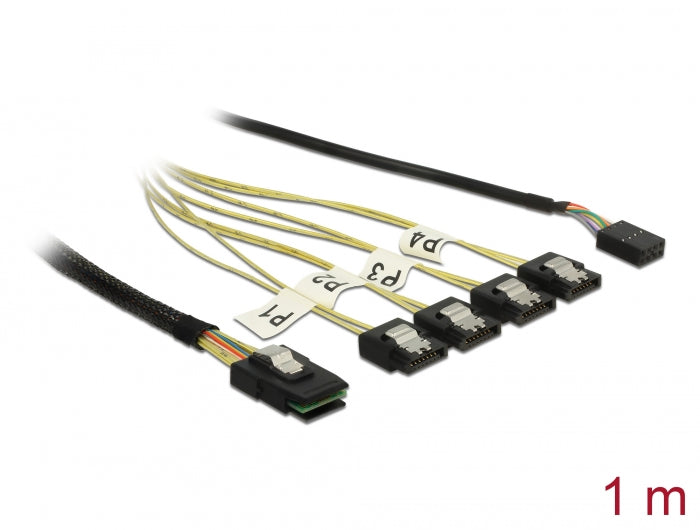 Delock Kabel Mini SAS SFF-8087 > 4 x SATA 7 Pin + Sideband 1 m Metall