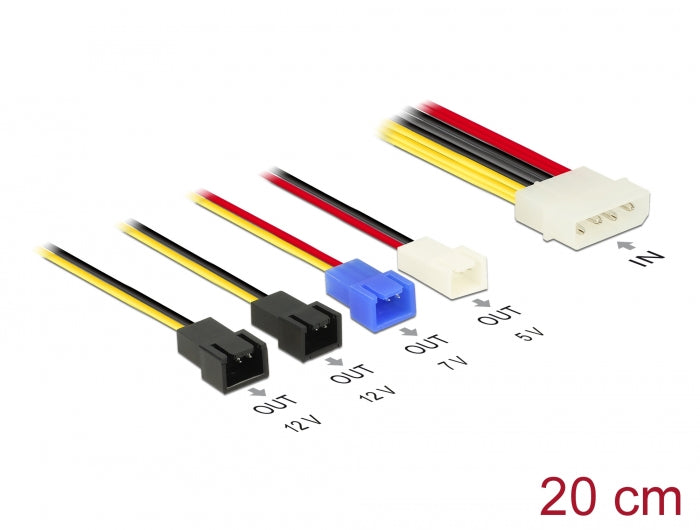 Delock Kabel Stromversorgung Molex 4 Pin Stecker > 4 x 2 Pin Lüfter (12 V / 7 V / 5 V) 20 cm