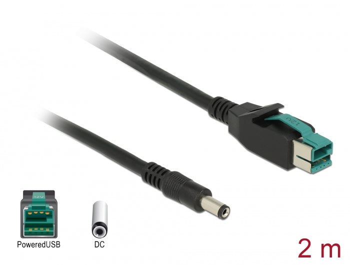 Delock PoweredUSB Kabel Stecker 12 V > DC 5,5 x 2,1 mm Stecker 2 m für POS Drucker und Terminals