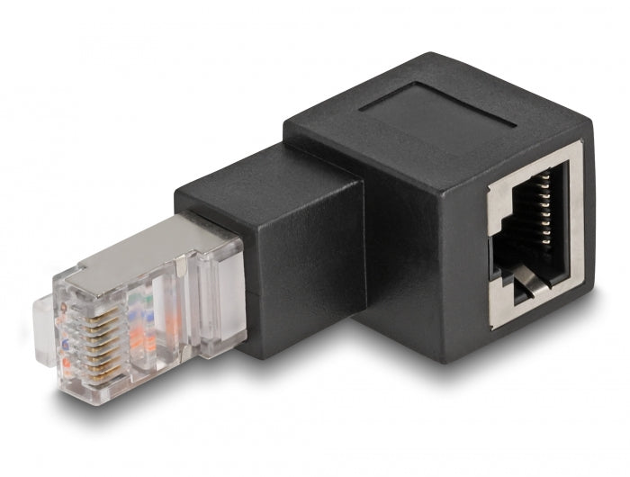 Delock RJ45 Stecker zu RJ45 Buchse Adapter Cat.6A 90° nach unten gewinkelt