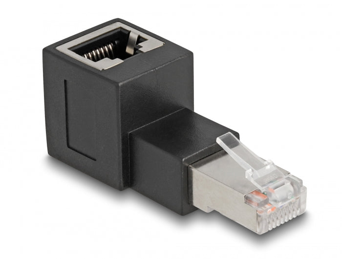 Delock RJ45 Stecker zu RJ45 Buchse Adapter Cat.6A 90° nach oben gewinkelt