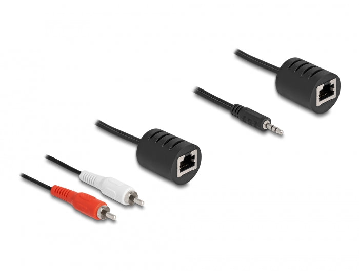 Delock Stereo Audio Extender RJ45 Buchse zu 3,5 mm Klinkenstecker und RJ45 Buchse zu 2 x Cinch Stecker Cat.5 bis 50 m Set 2 Stück