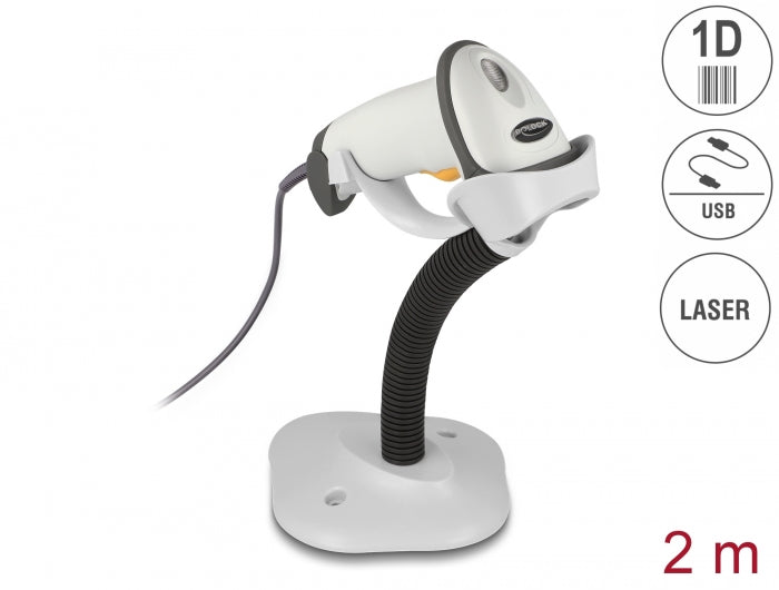Delock USB Barcode Scanner 1D mit Anschlusskabel und Halterung - Laser - hellgrau