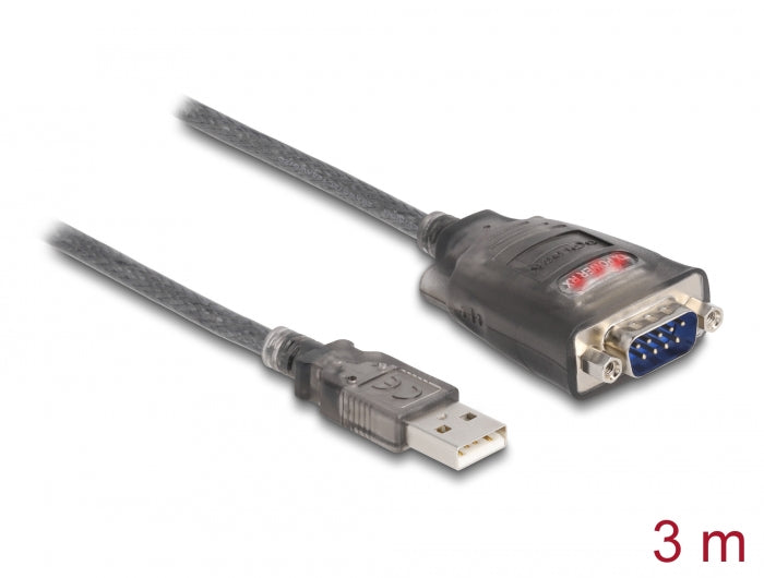 Delock Adapter USB 2.0 Typ-A zu 1 x Seriell RS-232 D-Sub 9 Pin Stecker mit Muttern mit 3 x LED 3 m