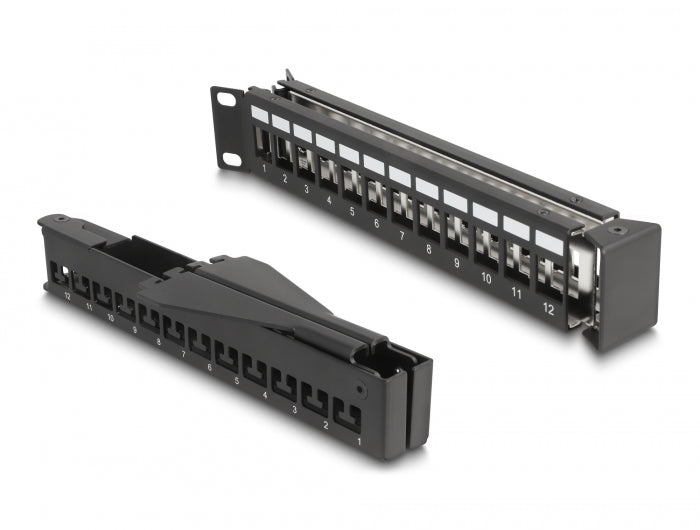 Delock 19″ Keystone Patchpanel 24 Port mit Entlastungsschiene 1 HE gewinkelt schwarz