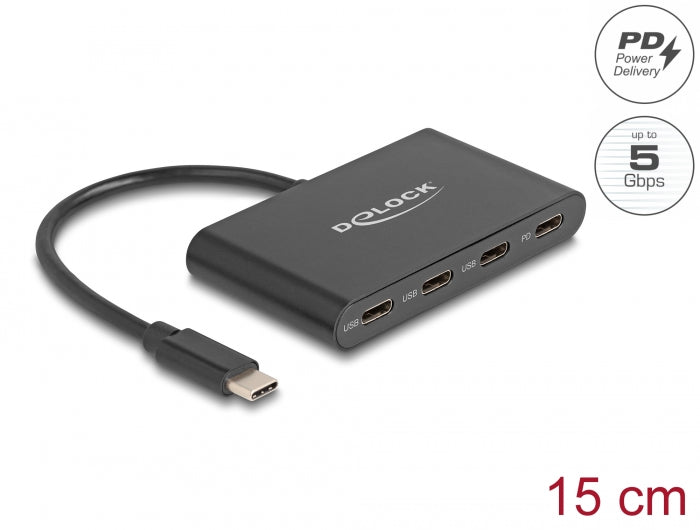 Delock USB 3.2 Gen 1 USB Type-C™ Hub mit 3 x USB Type-C™ Buchse + 1 x USB Type-C™ PD 100 Watt
