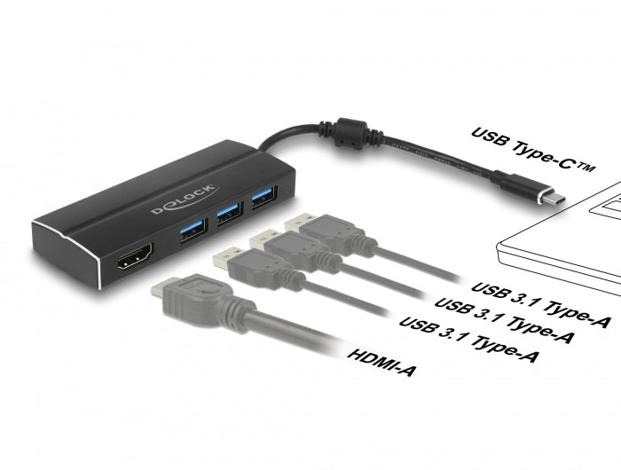 Delock USB 5 Gbps Adapter USB Type-C™ zu 3 x USB 5 Gbps Typ-A Hub + 1 x HDMI (DP Alt Mode) 4K 30 Hz