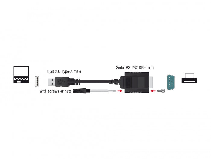 Delock Adapter USB 2.0 Typ-A Stecker zu 1 x Seriell RS-232 D-Sub 9 Stecker mit Schrauben und Muttern ESD Überspannungsschutz