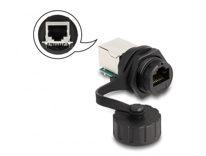 Delock Kabelverbinder RJ50 Buchse zu RJ50 Buchse zum Einbau mit Verschlusskappe IP68 staub- und wasserdicht schwarz